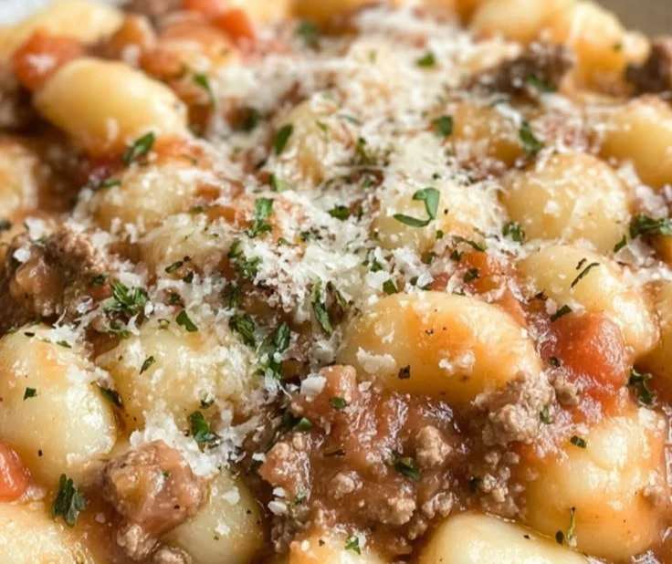 A hearty dish of Ground Beef Gnocchi topped with cheese and herbs.
