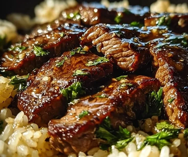 Honey Garlic Butter Steak served with rice in a skillet