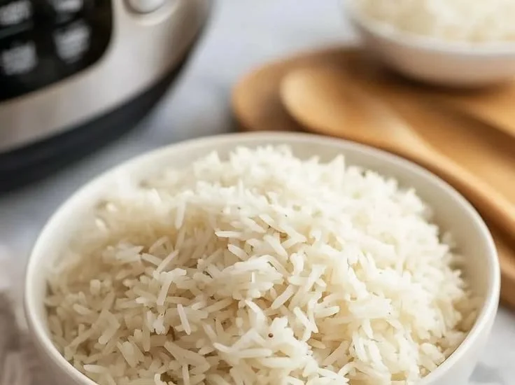 A bowl of fluffy Instant Pot basmati rice ready to serve.