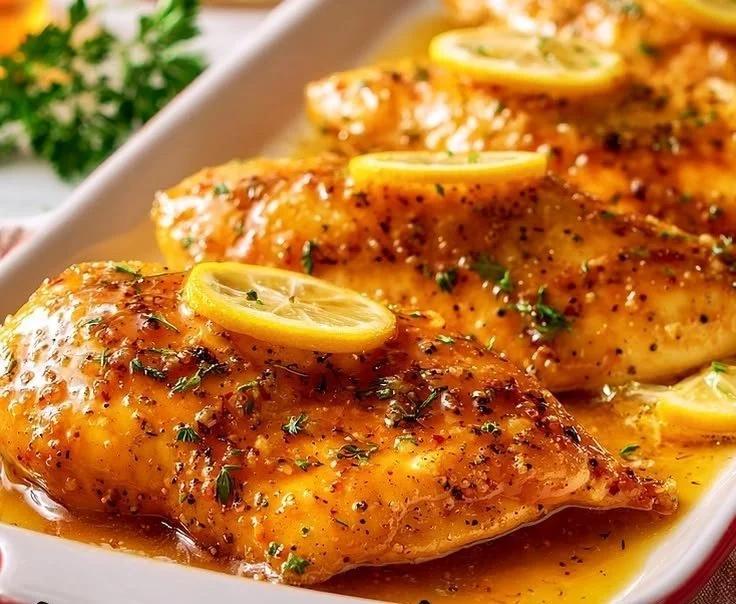 Juicy honey lemon chicken garnished with lemon slices and herbs.