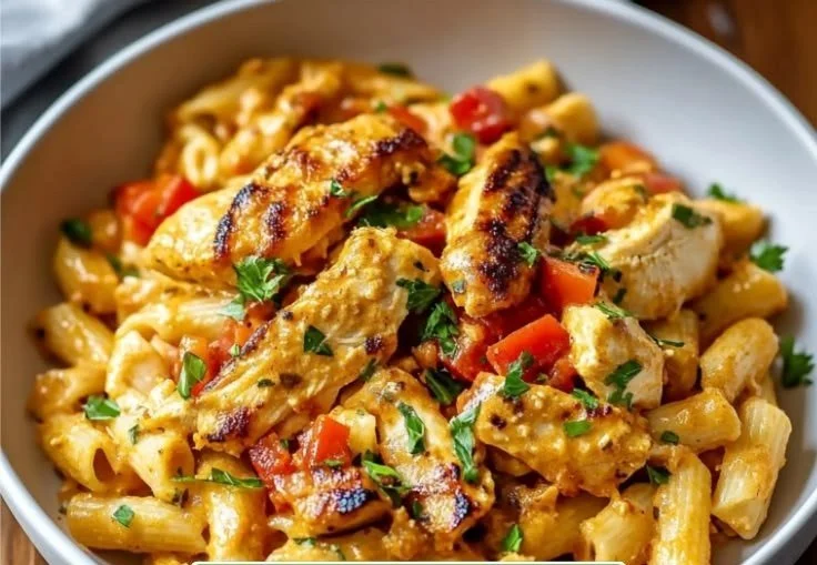 Bowl of Louisiana Chicken Pasta with creamy sauce and spices