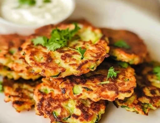 Healthy low calorie zucchini fritters served on a plate