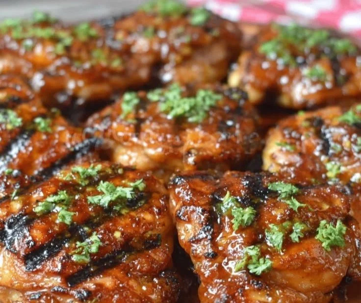 Grilled Mango Habanero Chicken Thighs garnished with fresh herbs