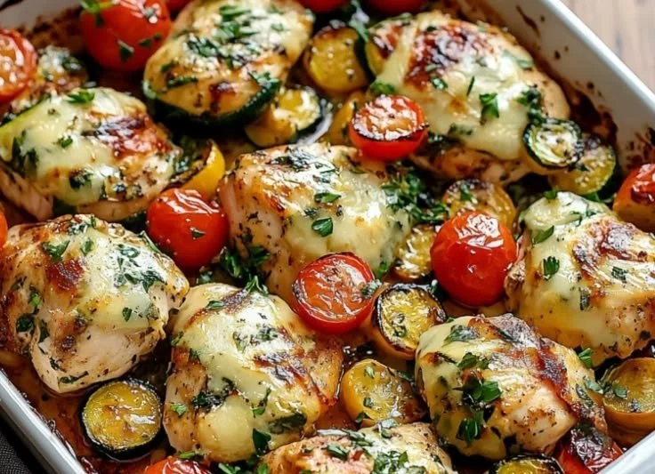 Mediterranean Chicken Zucchini Sheet Pan Delight recipe served on a plate