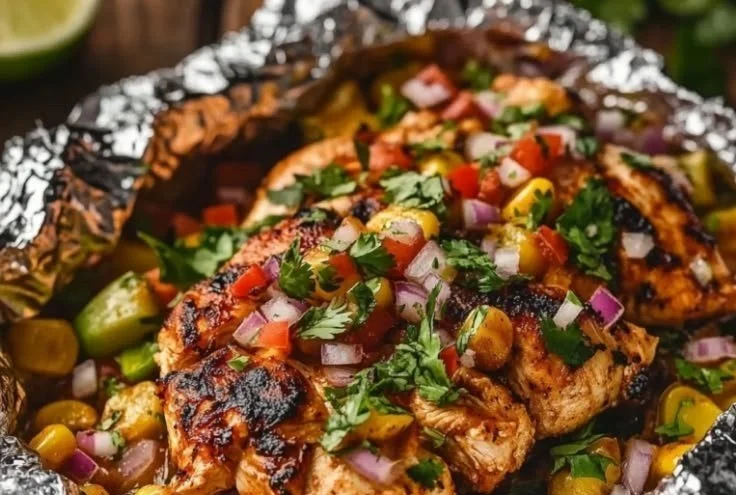 Delicious Mexican chicken foil packets ready for grilling with vibrant vegetables.