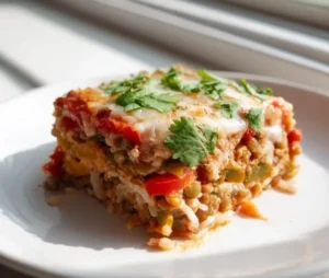 Delicious Mexican Lentil and Rice Casserole served in a dish.