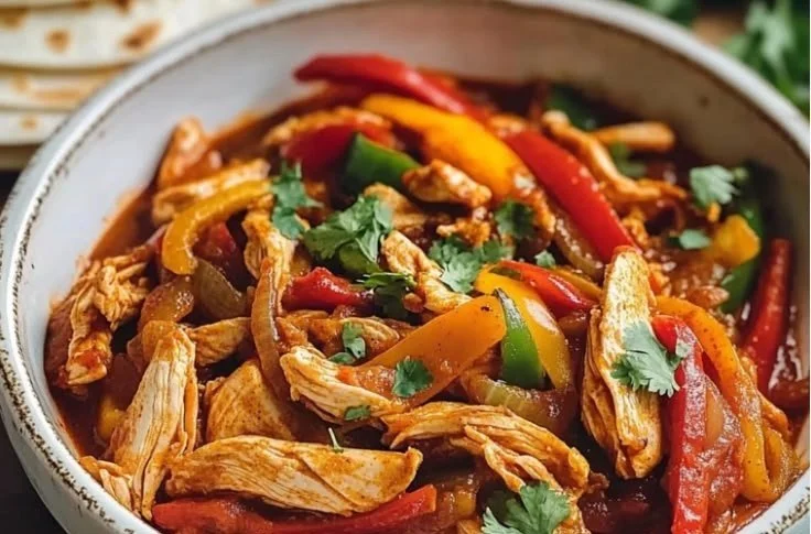 Delicious crockpot chicken fajitas served with peppers and onions