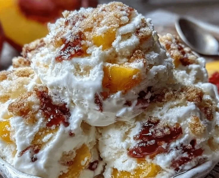 Delicious no-churn peach cobbler ice cream topped with peaches and crumble