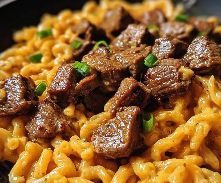 One-Pan Creamy Spicy Cajun Steak Bites served with Cheddar Pasta