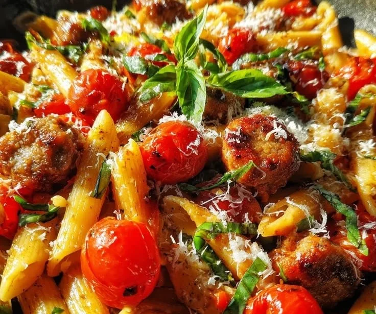 One Pan Sausage Penne Dinner served in a skillet with fresh herbs and cheese.