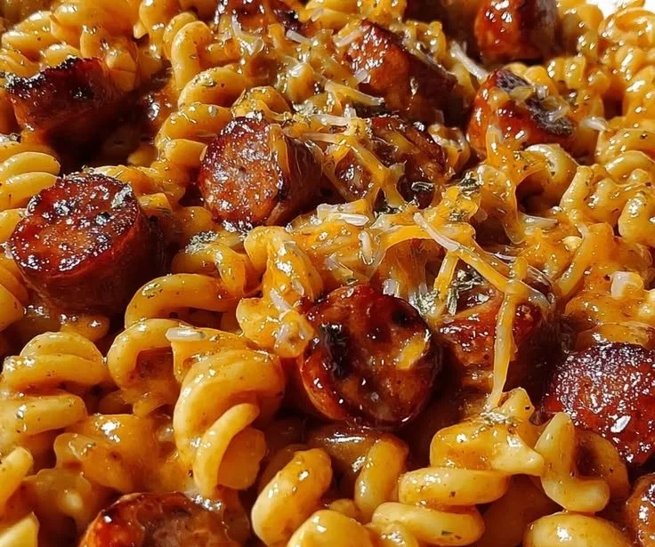 A delicious bowl of one-pot Honey BBQ Sausage Pasta garnished with herbs.