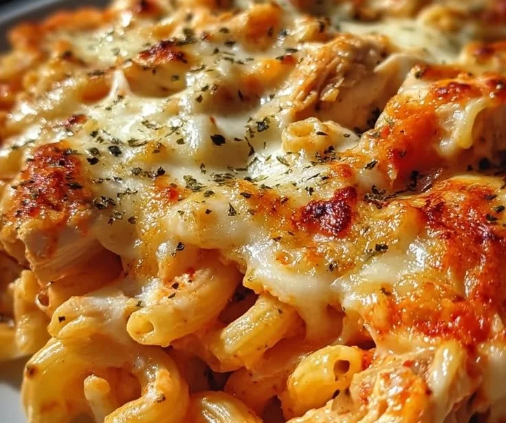 One-pot chicken parmesan mac and cheese dish with melted cheese and pasta