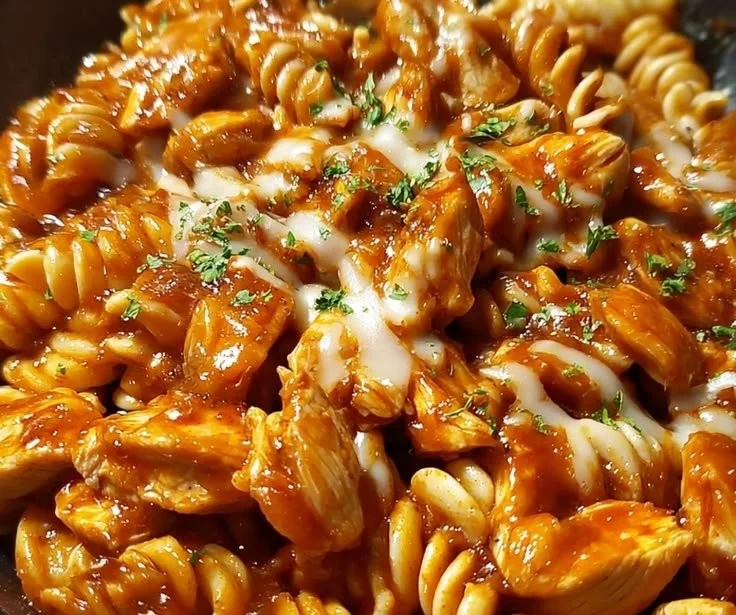 One-Pot Honey Garlic BBQ Chicken Pasta garnished with herbs, served in a bowl.