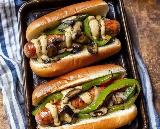 Delicious Philly Cheese Bratwurst served with toppings and melted cheese
