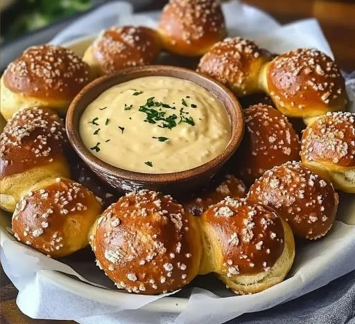 Homemade pretzel bites with a side of creamy beer cheese