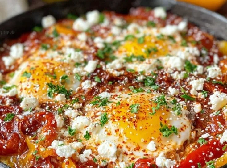 Quick Mediterranean Shakshuka with Roasted Peppers and Feta