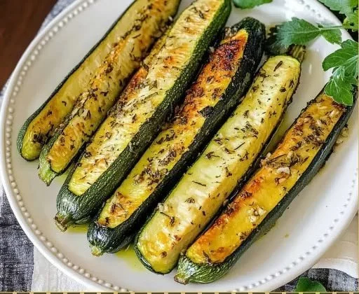 Bowl of roasted zucchini slices, seasoned and ready to serve as a side dish.