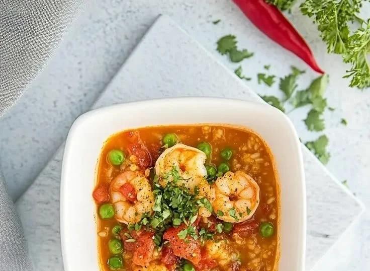 A bowl of flavorful shrimp and rice pottage garnished with herbs.