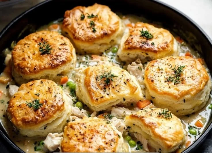 Skillet Chicken Pot Pie with fluffy biscuits and fresh vegetables