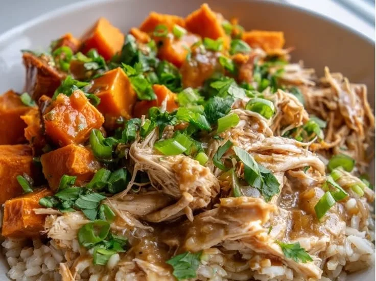 Slow cooker chicken and sweet potato rice bowl recipe with vegetables and spices