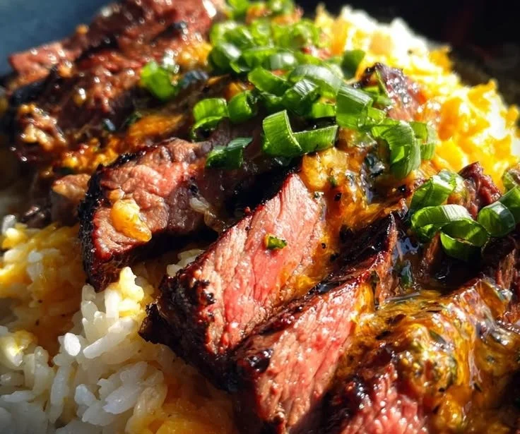 Smoky garlic butter steak served with cheddar rice on a plate