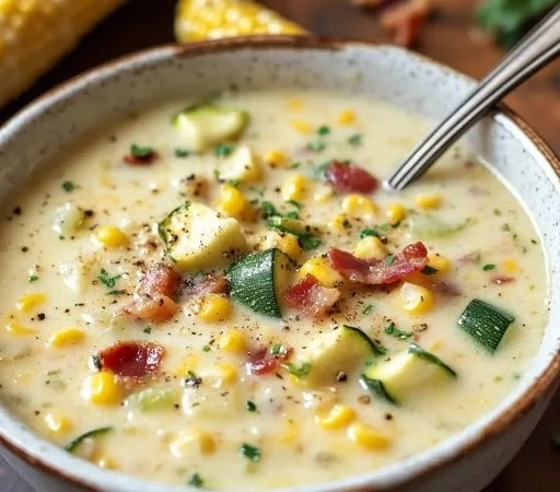 Creamy summer Corn and Zucchini Chowder in a bowl with herbs.