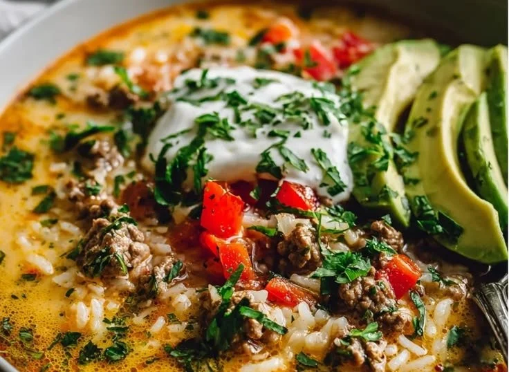 Bowl of Taco Beef Rice Soup garnished with cilantro and lime wedges