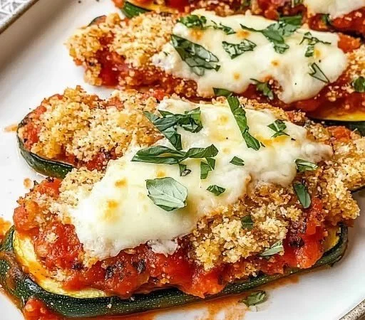 Three Cheese Zucchini Parmesan dish topped with melted cheese and fresh herbs.