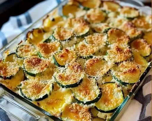 Delicious zucchini casserole baked with cheese and herbs.