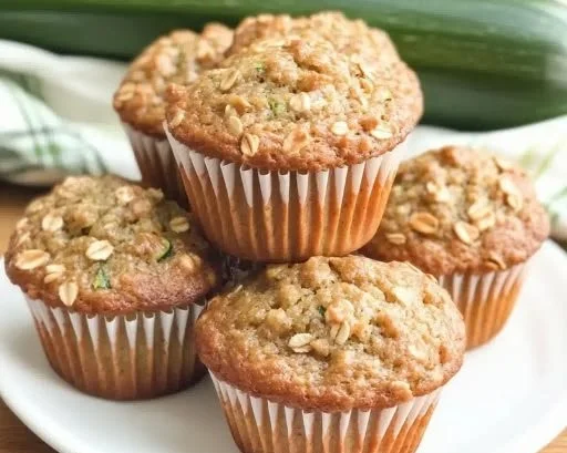 Freshly baked zucchini oatmeal muffins on a wooden table