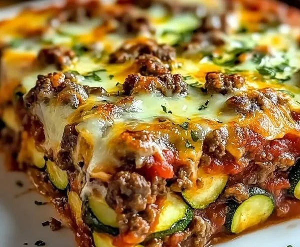 Freshly baked zucchini pizza casserole topped with cheese and pepperoni