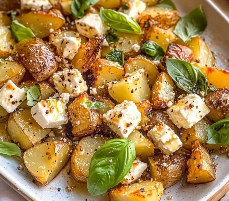 Delicious baked feta potatoes topped with herbs and spices
