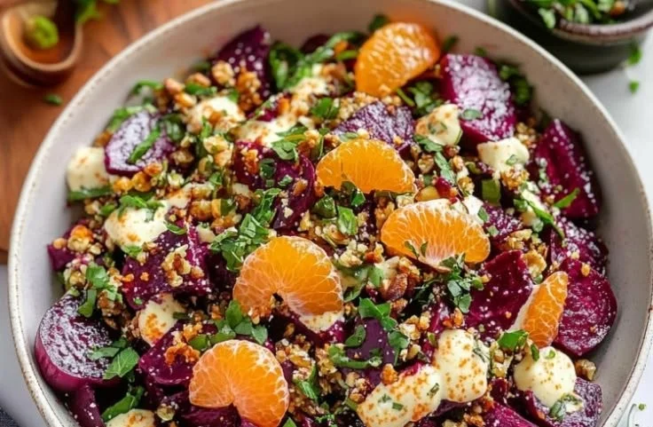 Colorful Beet Burrata Salad with fresh greens and creamy burrata cheese