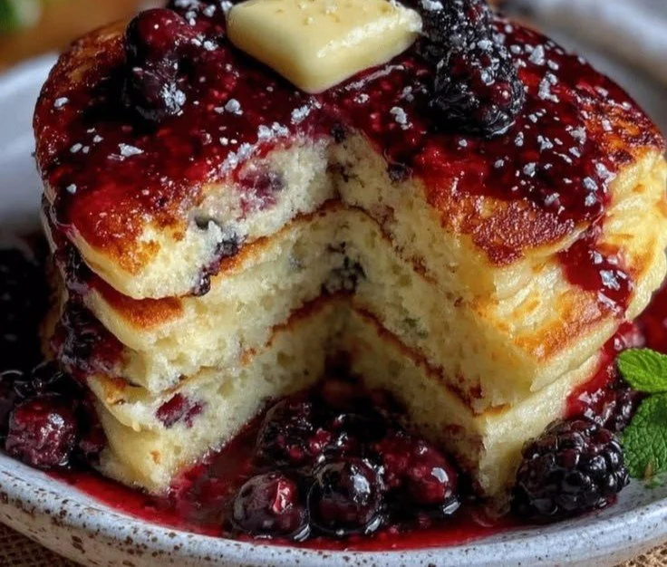 Fluffy huckleberry pancakes topped with fresh berries and syrup
