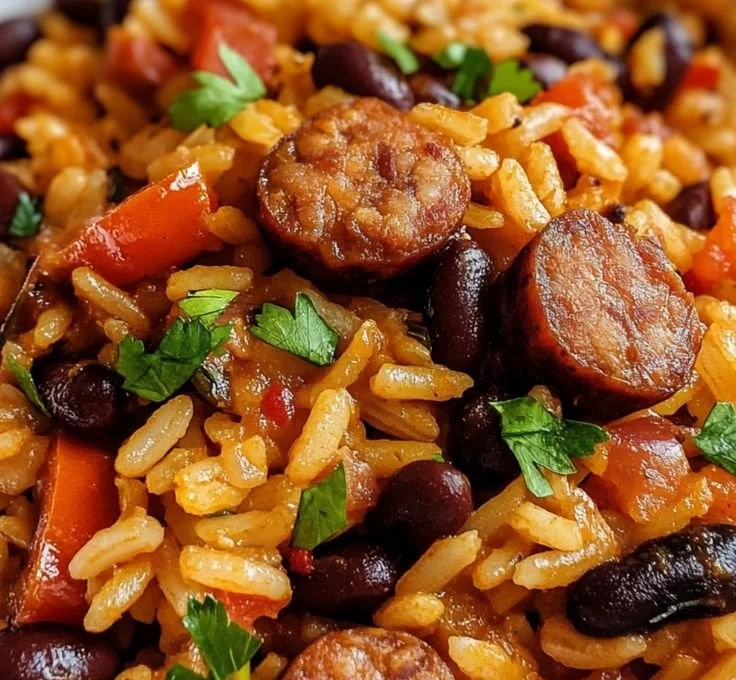 Delicious black beans and rice with sausage served in a bowl