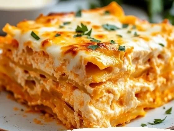 Delicious Buffalo Chicken Lasagna garnished with herbs and cheese
