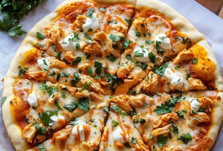 Delicious homemade Buffalo Chicken Pizza topped with spicy chicken and cheese.