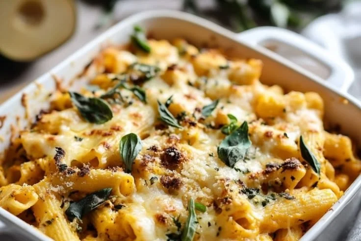 Baked ziti with butternut squash topped with cheese in a baking dish