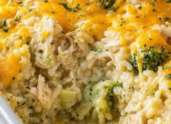 Cheesy broccoli chicken and rice casserole in a baking dish