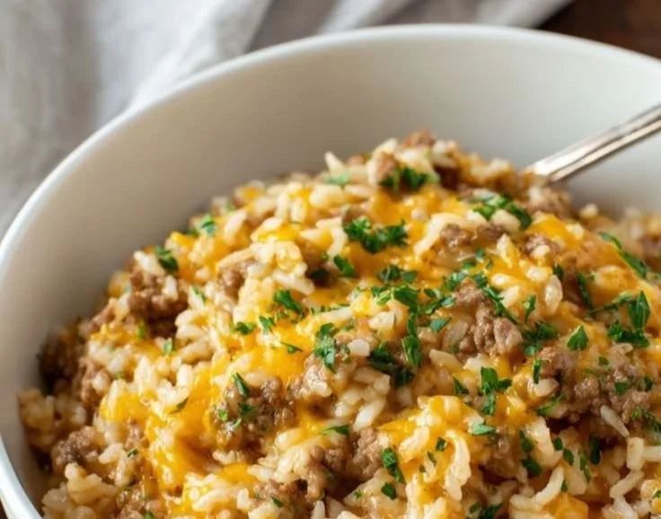 Delicious cheesy ground beef and rice casserole served in a baking dish