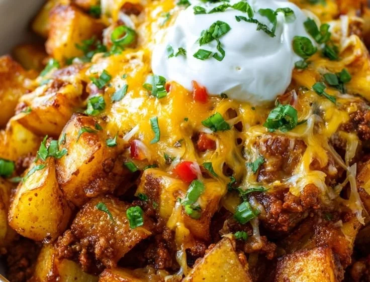 Delicious cheesy taco potatoes topped with cheese and herbs
