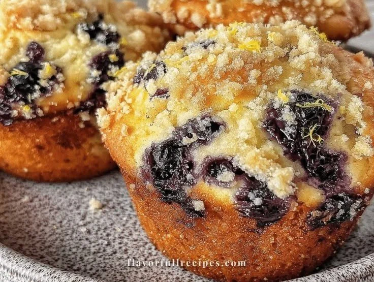 Cozy huckleberry muffins with lemon zest streusel topping on a plate.