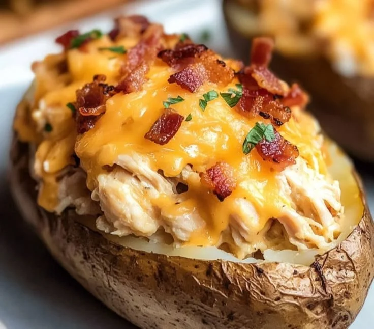 Crack Chicken Stuffed Baked Potatoes topped with cheese and green onions