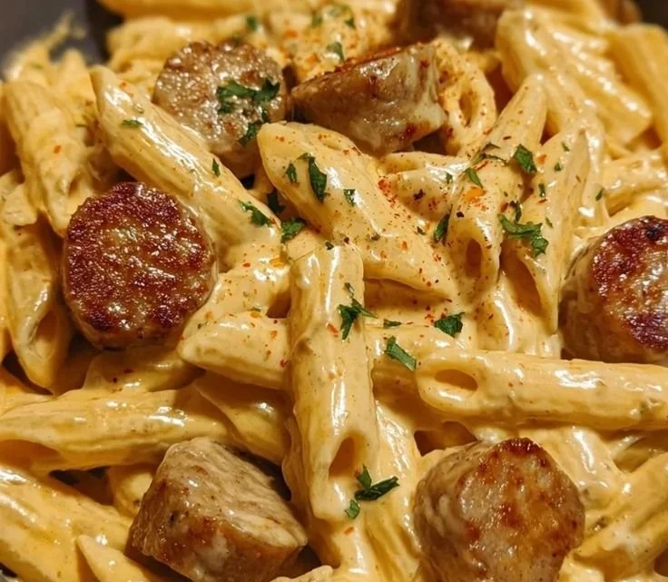 Plate of creamy Cajun garlic butter pasta with sausage