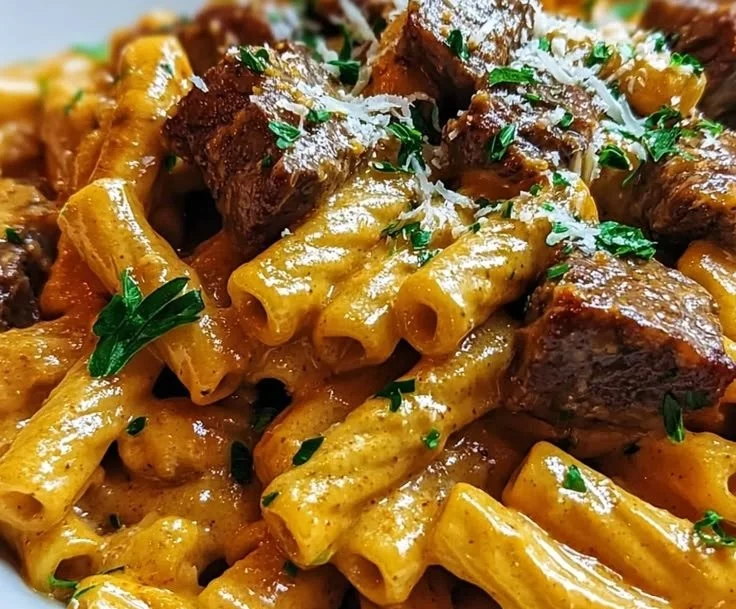 Creamy Buffalo Garlic Butter Steak Bites Pasta topped with herbs and spices