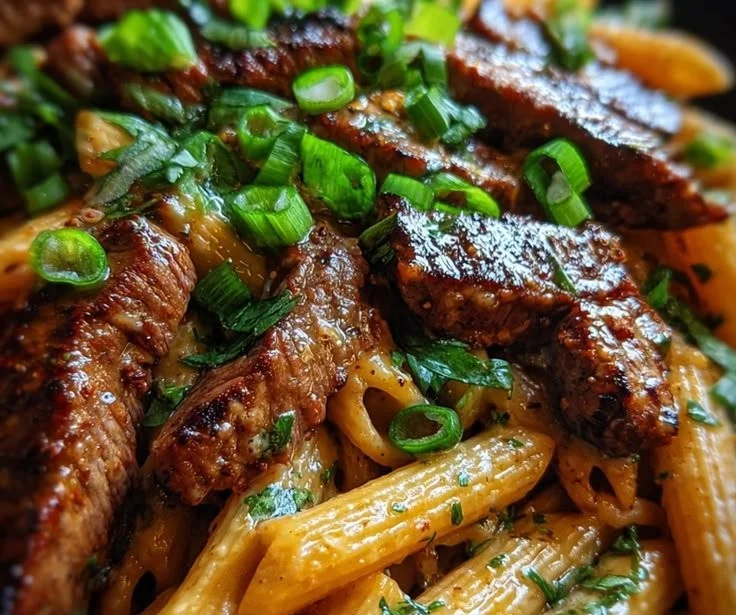 Creamy Cajun Parmesan Steak Penne dish garnished and ready to serve