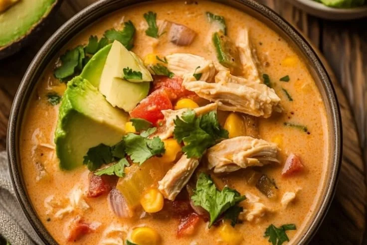 Bowl of creamy chicken fajita soup garnished with cilantro and lime