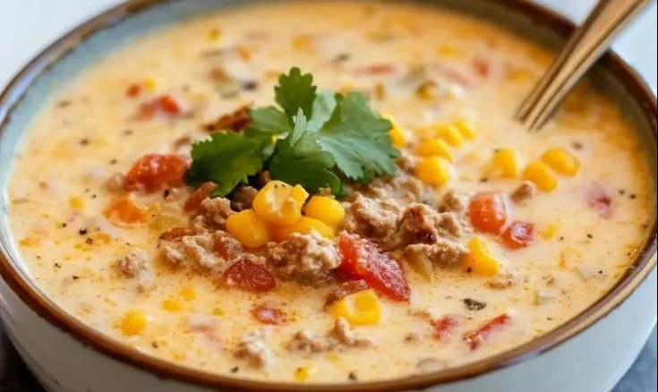 Creamy Cowboy Soup in a bowl garnished with fresh herbs and vegetables