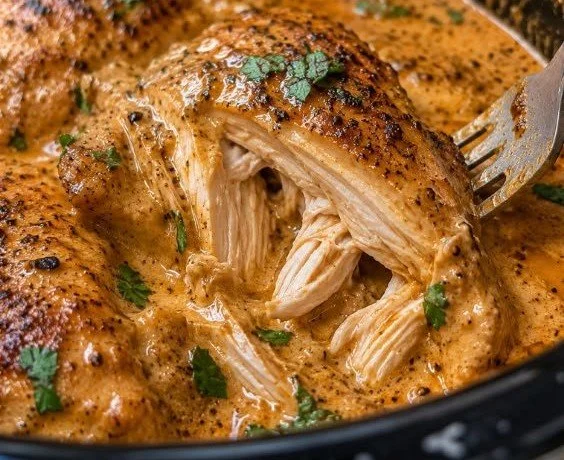 Crockpot Cajun Butter Chicken served with rice and herbs in a bowl