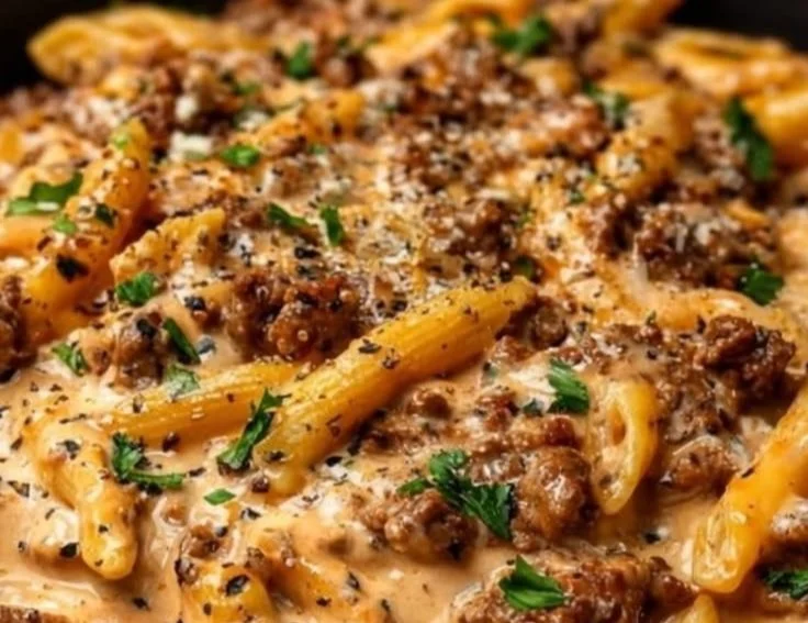 Creamy high-protein beef pasta dish with herbs and cheese